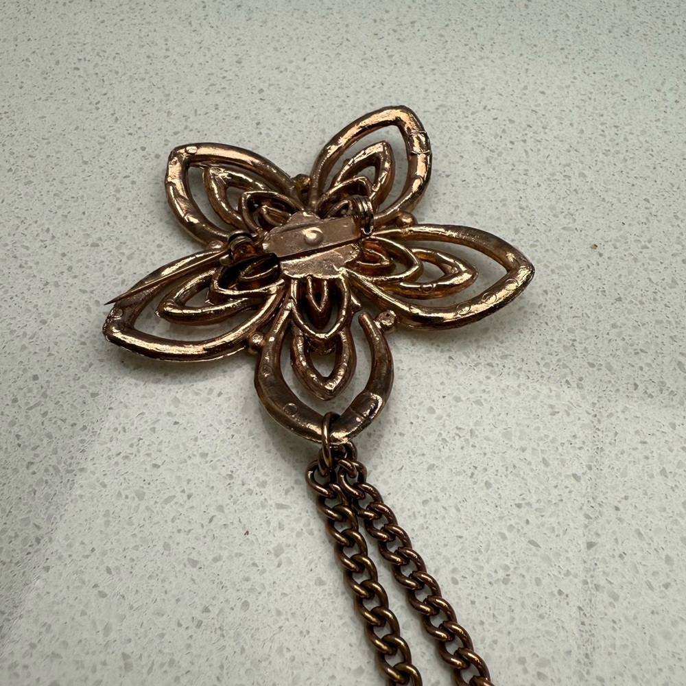 Vintage Flowers Double Brooch Sweater Chain Gold Tone Rhinestones Chatelaine - Picture 7 of 12